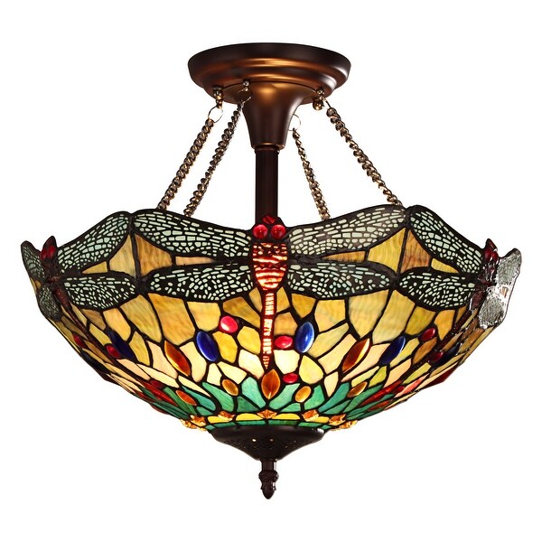 Tiffany-Style Dragonfly Design 2-light Dark Bronze Semi-Flush Mount -