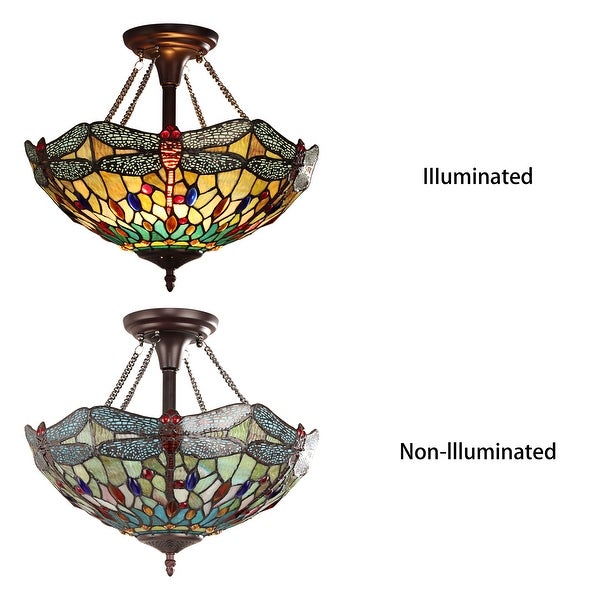 Tiffany-Style Dragonfly Design 2-light Dark Bronze Semi-Flush Mount -