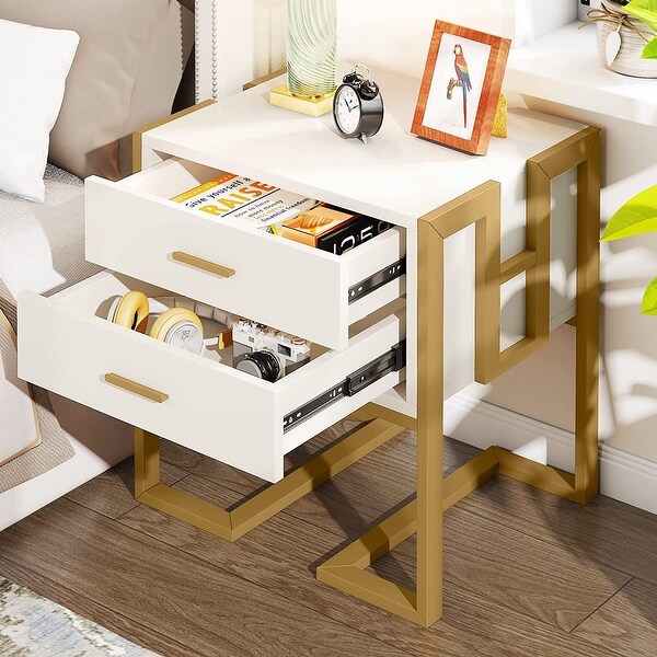 White and Gold Nightstand with 2 Drawers,End Table for Bedroom - - 369