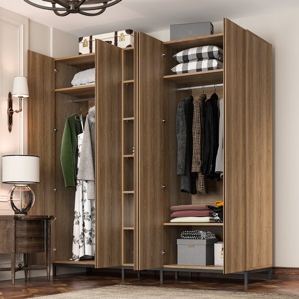 Spacious 5 Door Oak Wardrobe with Mirror 82.7W Closet Cabinet Armoire