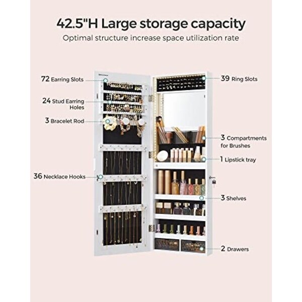 Jewelry Armoire Organizer with LED Lights - White - 14.8L x 3.8