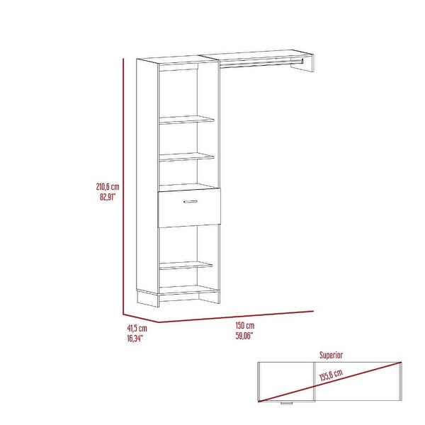 TUHOME Manchester 150 Closet System with Metal Rod, 5 Open Shelves, an