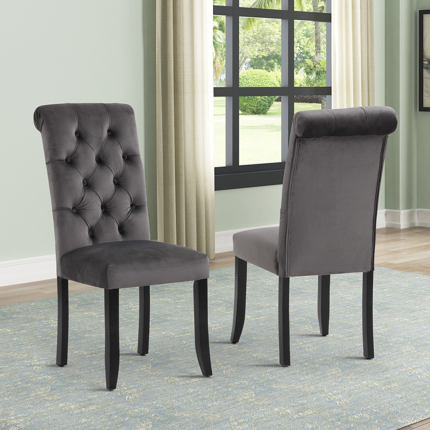 Set of 2 Dining Chairs with Button Tufted Upholstery, Sturdy Wood Fram