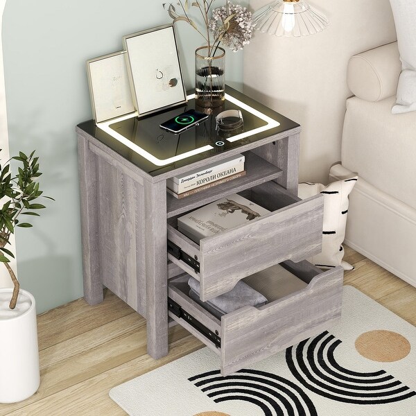 Nightstand with Wireless Charging Station and LED Lights, Modern End S