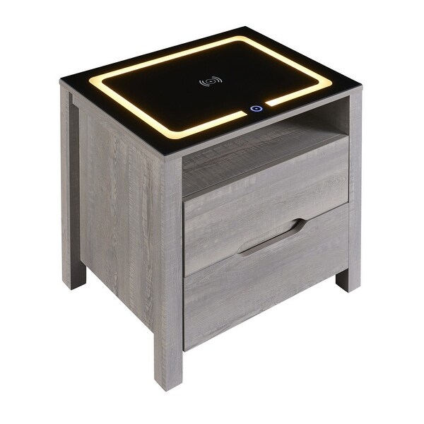 Nightstand with Wireless Charging Station and LED Lights, Modern End S