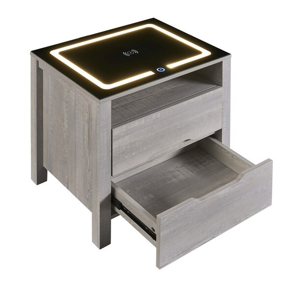 Nightstand with Wireless Charging Station and LED Lights, Modern End S