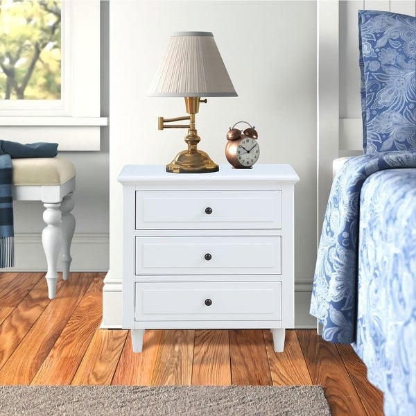 Modern Vintage 3 Drawer Wood Nightstand, White Wood Bedside Table, Sid