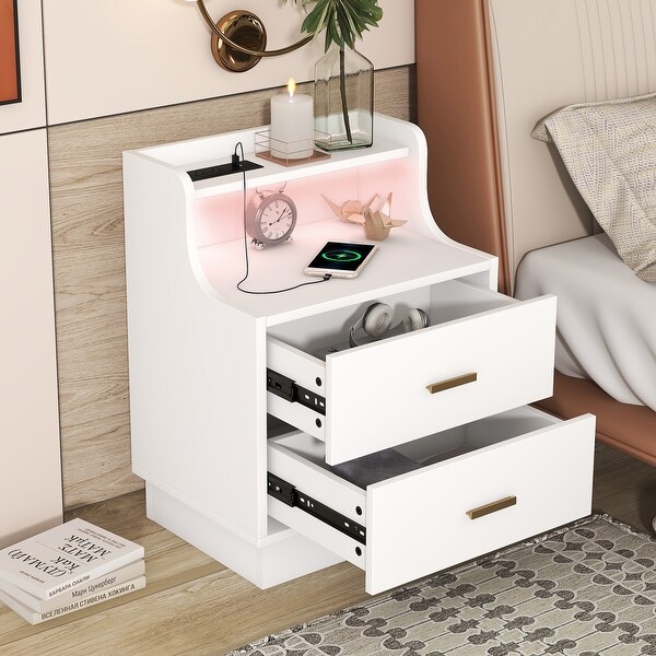 Multifunctional Nightstand with 2 Drawers, Shelf with USB Charging Des