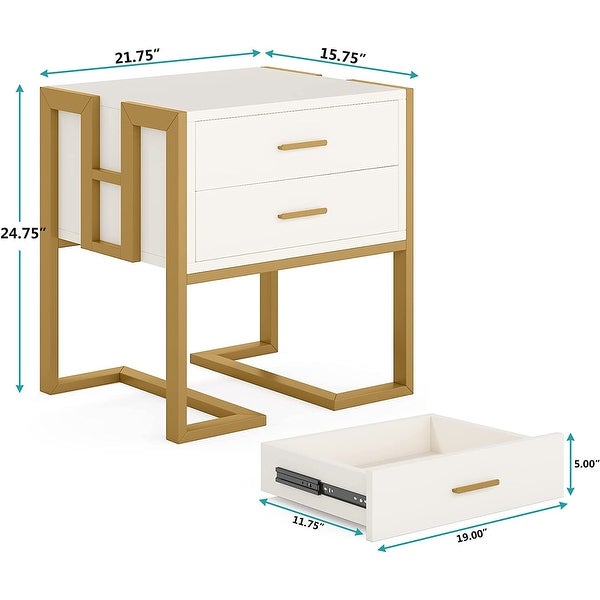 White and Gold Nightstand with 2 Drawers,End Table for Bedroom - - 369