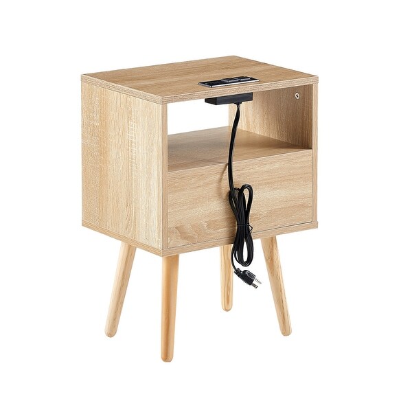 Nightstand Rattan End Table With Outlet USB Ports And drawer - - 37454