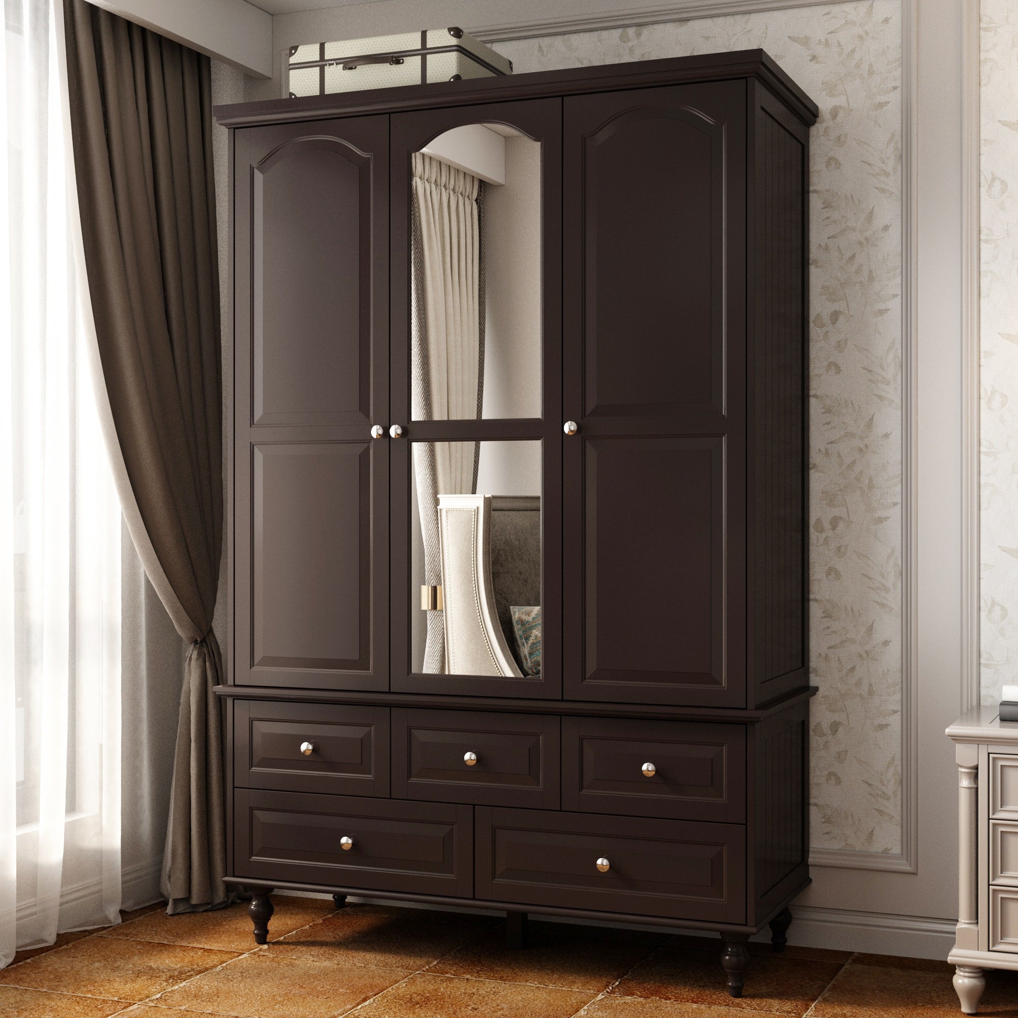 70.9H Lacquered Wardrobe Armoires Wooden Closet with Mirror Door - - 3