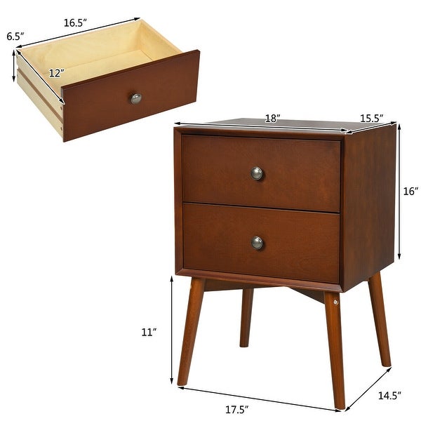 Nightstand Mid-Century End Side Table with 2 Drawers and Rubber Wood L