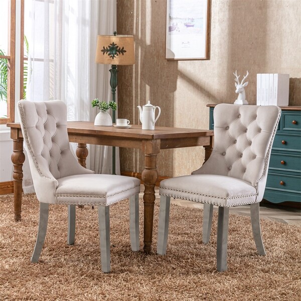 Beige Tufted Solid Wood Velvet Upholstered Dining Chair Set of 2 - Ove