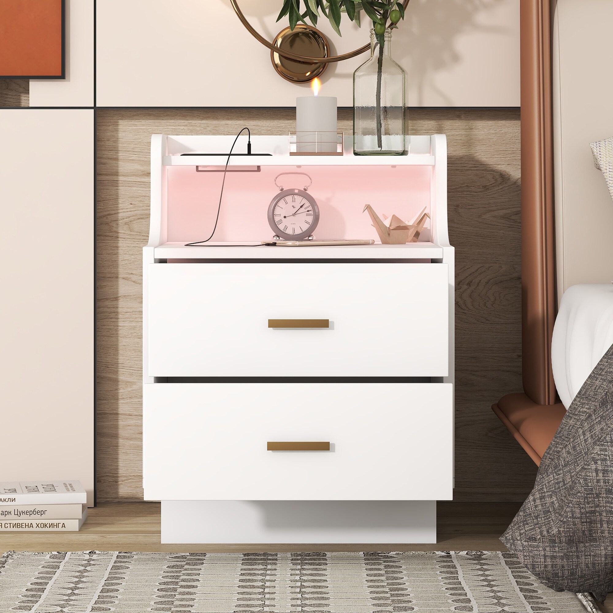 Multifunctional Nightstand with 2 Drawers, Shelf with USB Charging Des