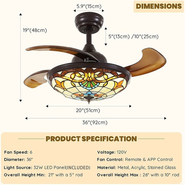 36'' Retractable Tiffany Ceiling Fan with Light and Remote Reversible