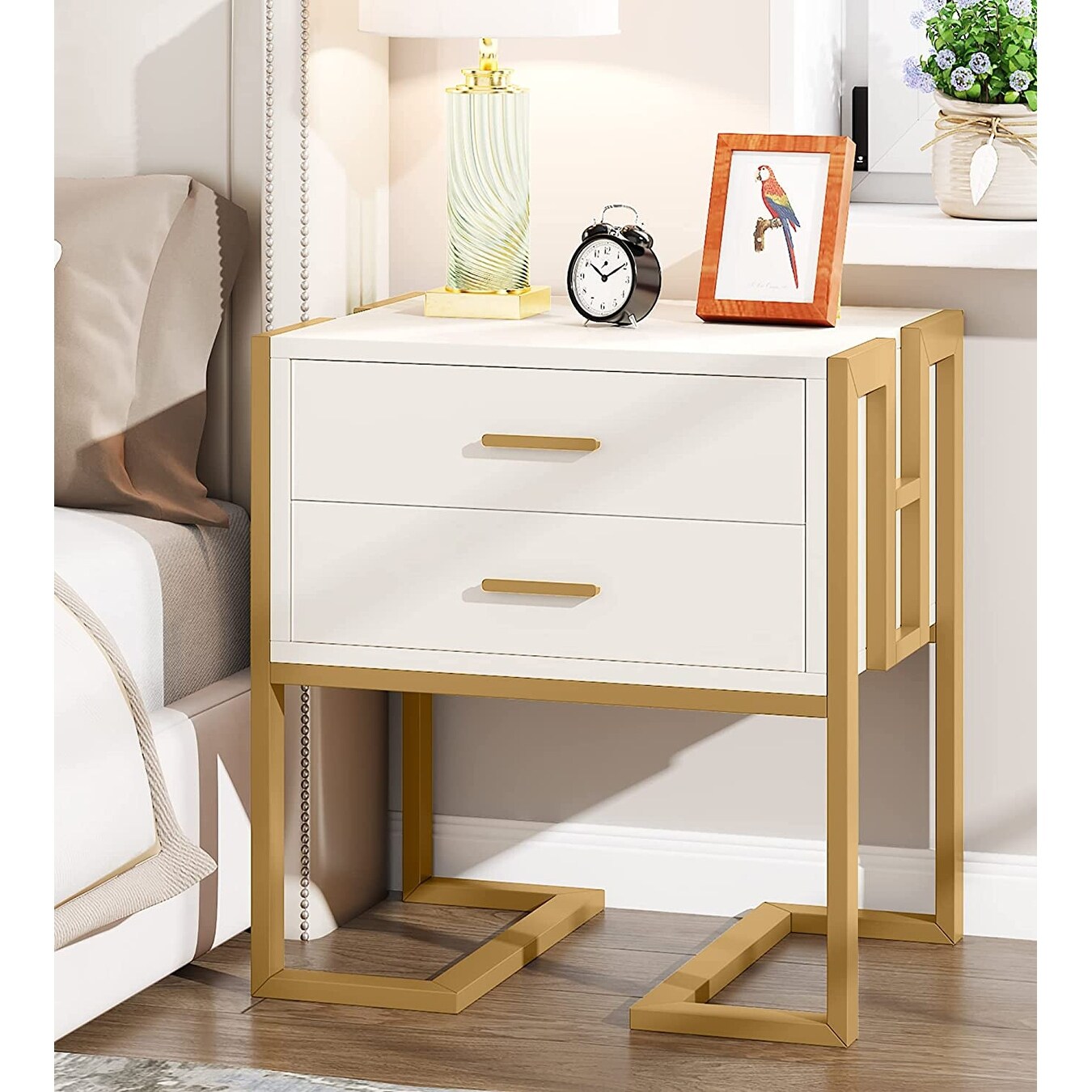 White and Gold Nightstand with 2 Drawers,End Table for Bedroom - - 369