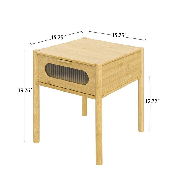 Natural bamboo nightstand, modern end table with 1 translucent drawer