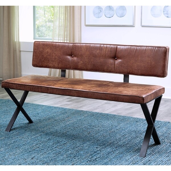 Vintage Brown Upholstered and Metal Frame Dining Bench - Overstock - 3