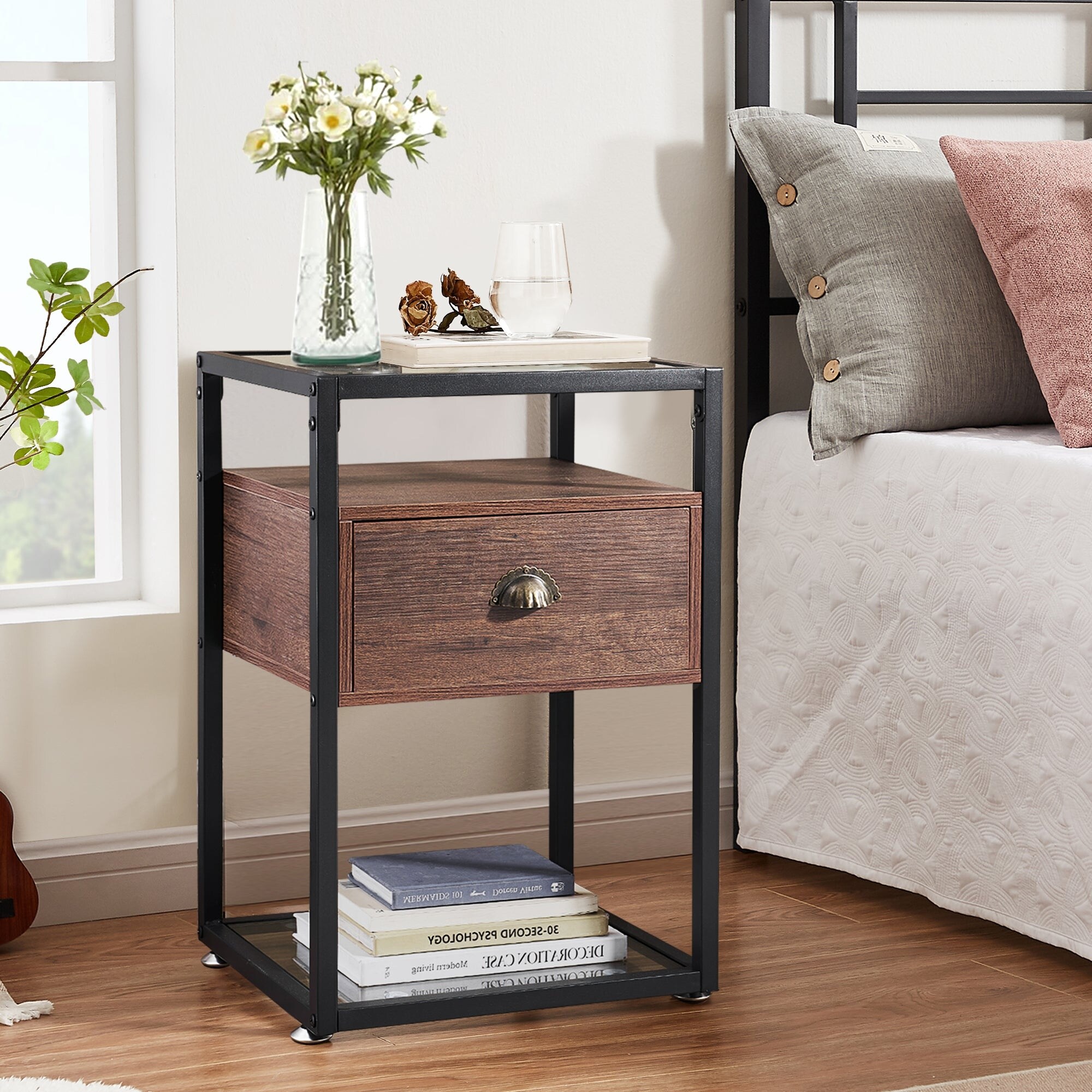 Javlergo Modern Tempered Glass Nightstand with 1-Drawer and Storage Sh