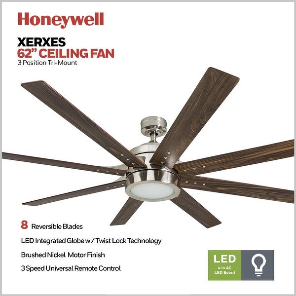 Honeywell Xerxes Brushed Nickel LED Remote Control Ceiling Fan, 8 Blad