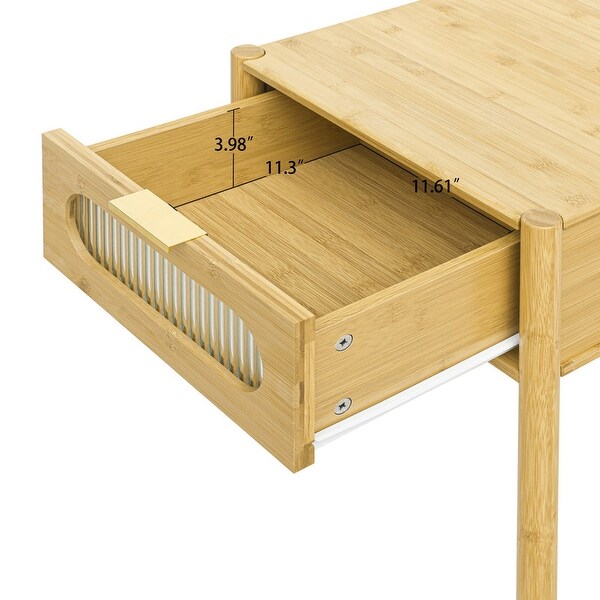 Natural bamboo nightstand, modern end table with 1 translucent drawer