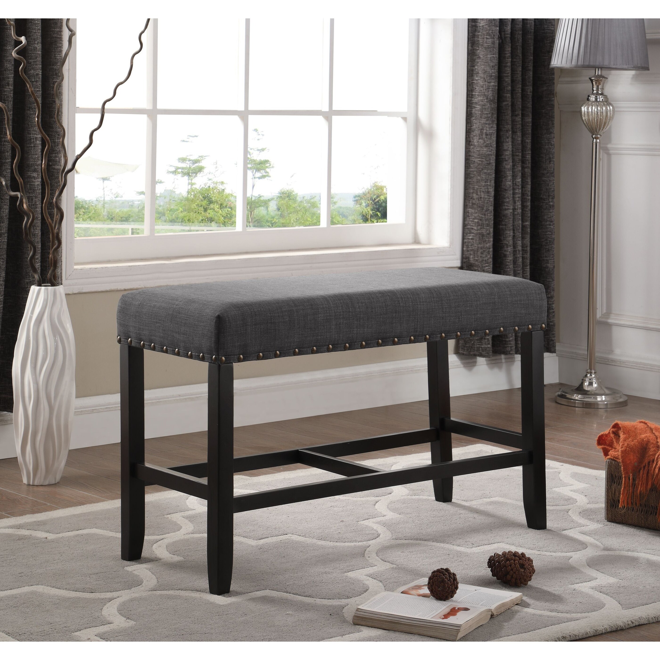 Biony Gray Fabric Counter Height Dining Bench with Nailhead Trim - Ove