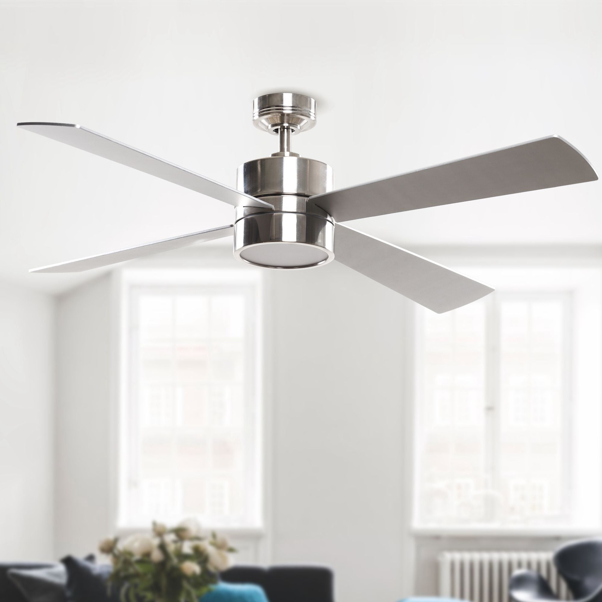 Industrial 52-in 4-Blade Brushed Chrome LED Ceiling Fan with Remote Co