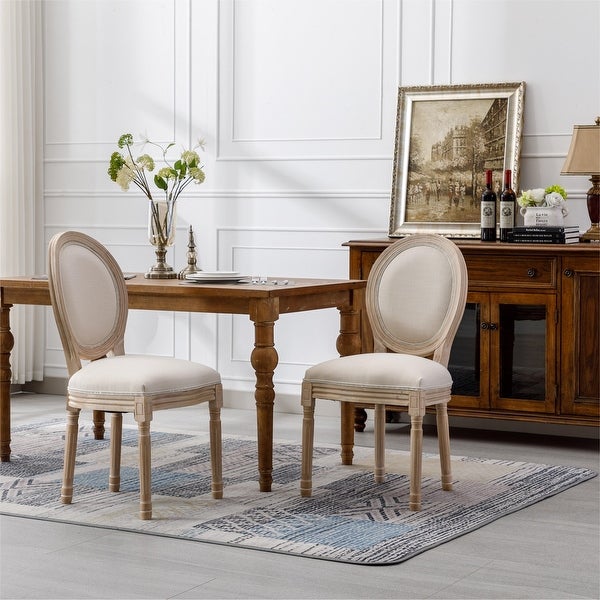 2Pcs Solid Wood Dining Chairs with Oval Backrest and Linen Cushoin - O