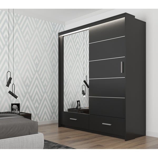 Donovan Modern Wooden Wardrobe - Armoire with Drawers and LED Lighting