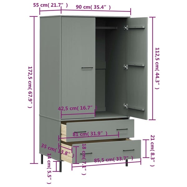 vidaXL Solid Wood Pine Wardrobe with Metal Legs OSLO Armoire Multi Col