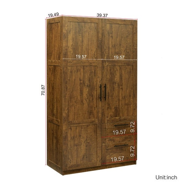 Clihome 40in. Wooden High Wardrobe with 2 Drawers and 5 Storage Spaces