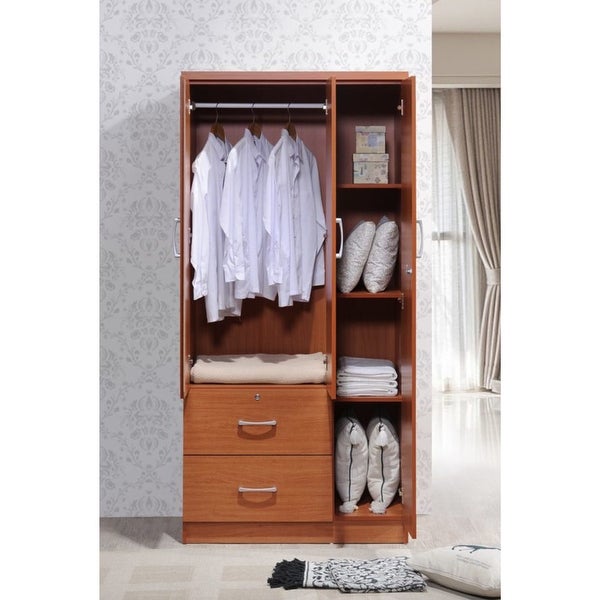 Hodedah Import 3 Door Armoire with Clothing Rod, Shelves, and 2 Drawer