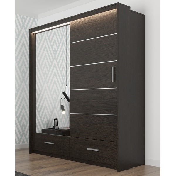 Donovan Modern Wooden Wardrobe - Armoire with Drawers and LED Lighting