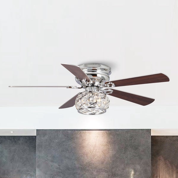 48 Chrome Wooden 5-Blade Crystal Flush Mount Ceiling Fan with Remote |