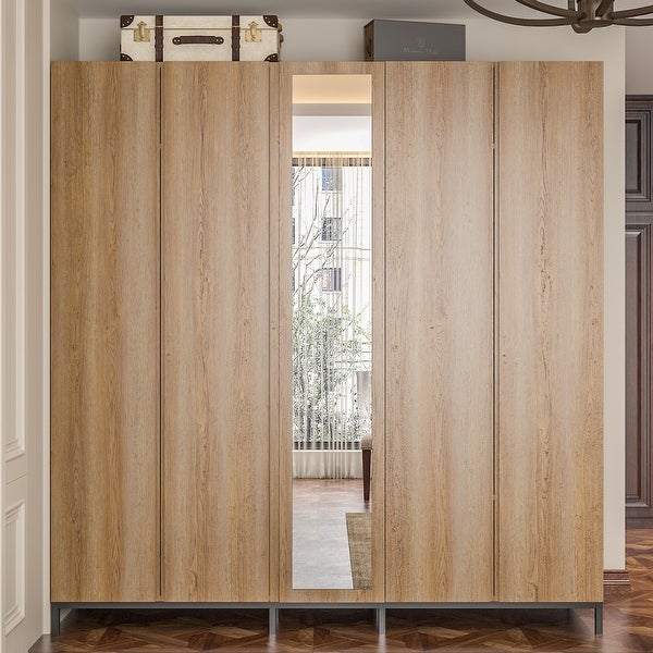 Spacious 5 Door Oak Wardrobe with Mirror 82.7W Closet Cabinet Armoire