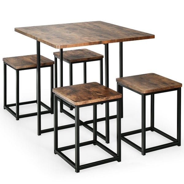 5 Pcs Metal Frame Dining Set with Compact Dining Table and 4 Stools -