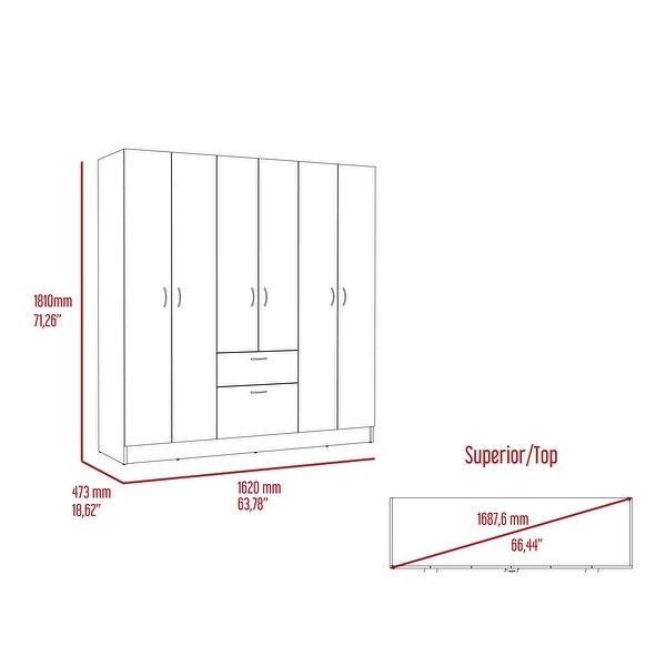 Kibo Six Door Modern Armoire with One Drawer, Rod, Seven Interior Shel