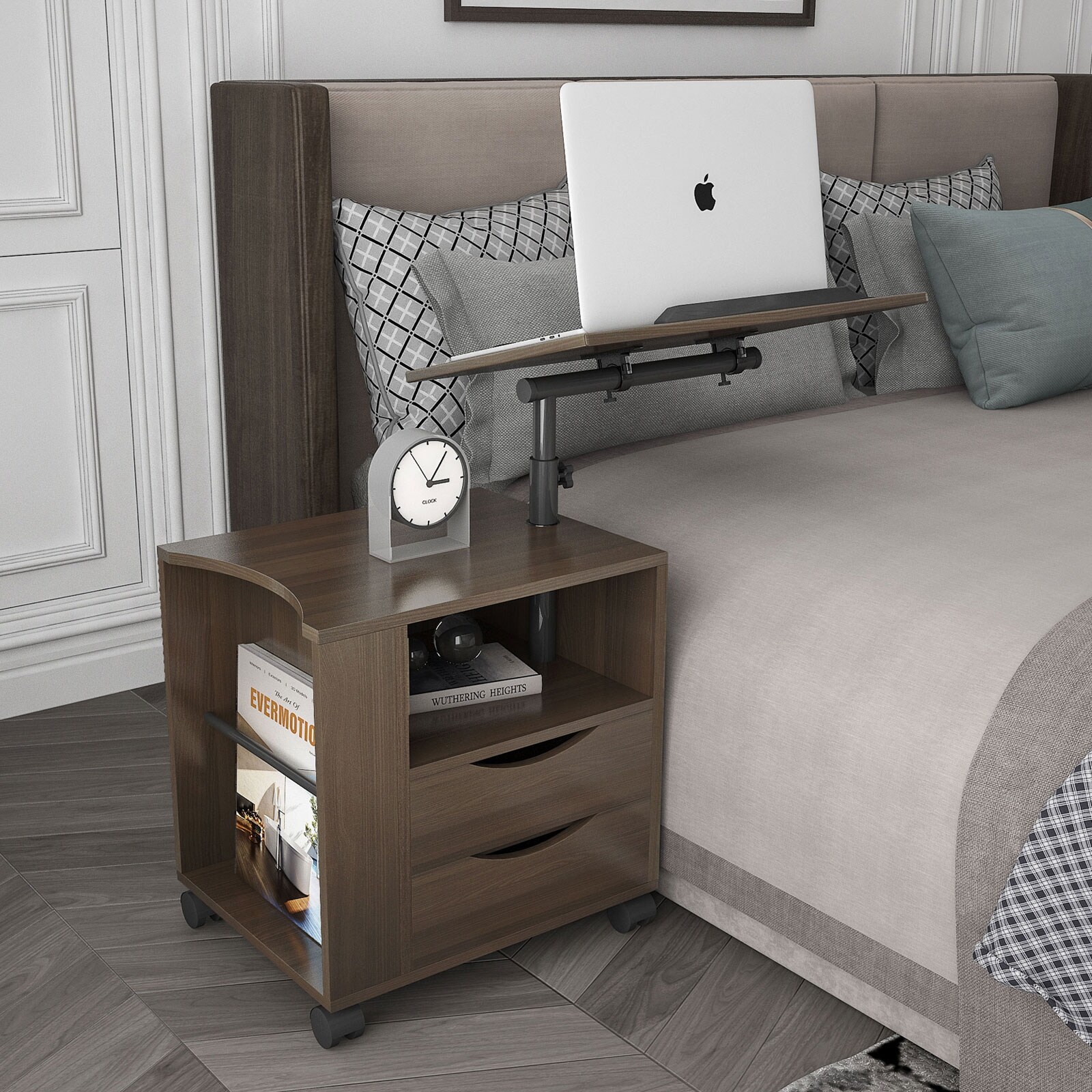 Height Adjustable Overbed End Table Wooden Nightstand with Swivel Top,