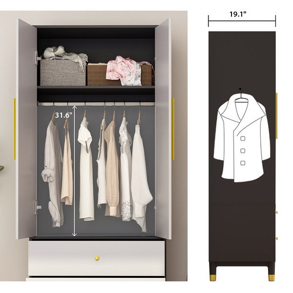 Wardrobe Closet Armoire with 2 Doors Wooden Clothes Storage Cabinet -