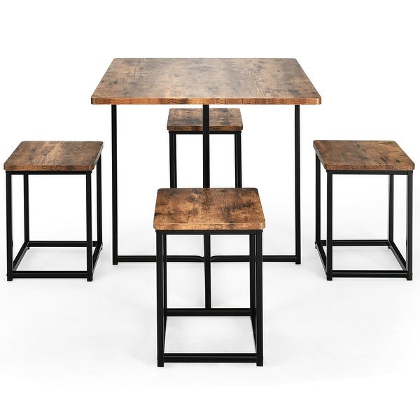 5 Pcs Metal Frame Dining Set with Compact Dining Table and 4 Stools -