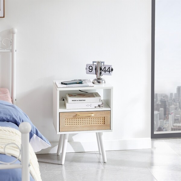 Nightstand Rattan End Table With Outlet USB Ports And drawer - - 37454