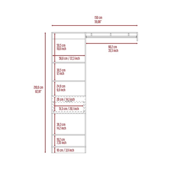 TUHOME Manchester 150 Closet System with Metal Rod, 5 Open Shelves, an