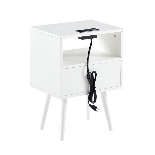 Nightstand Rattan End Table With Outlet USB Ports And drawer - - 37454