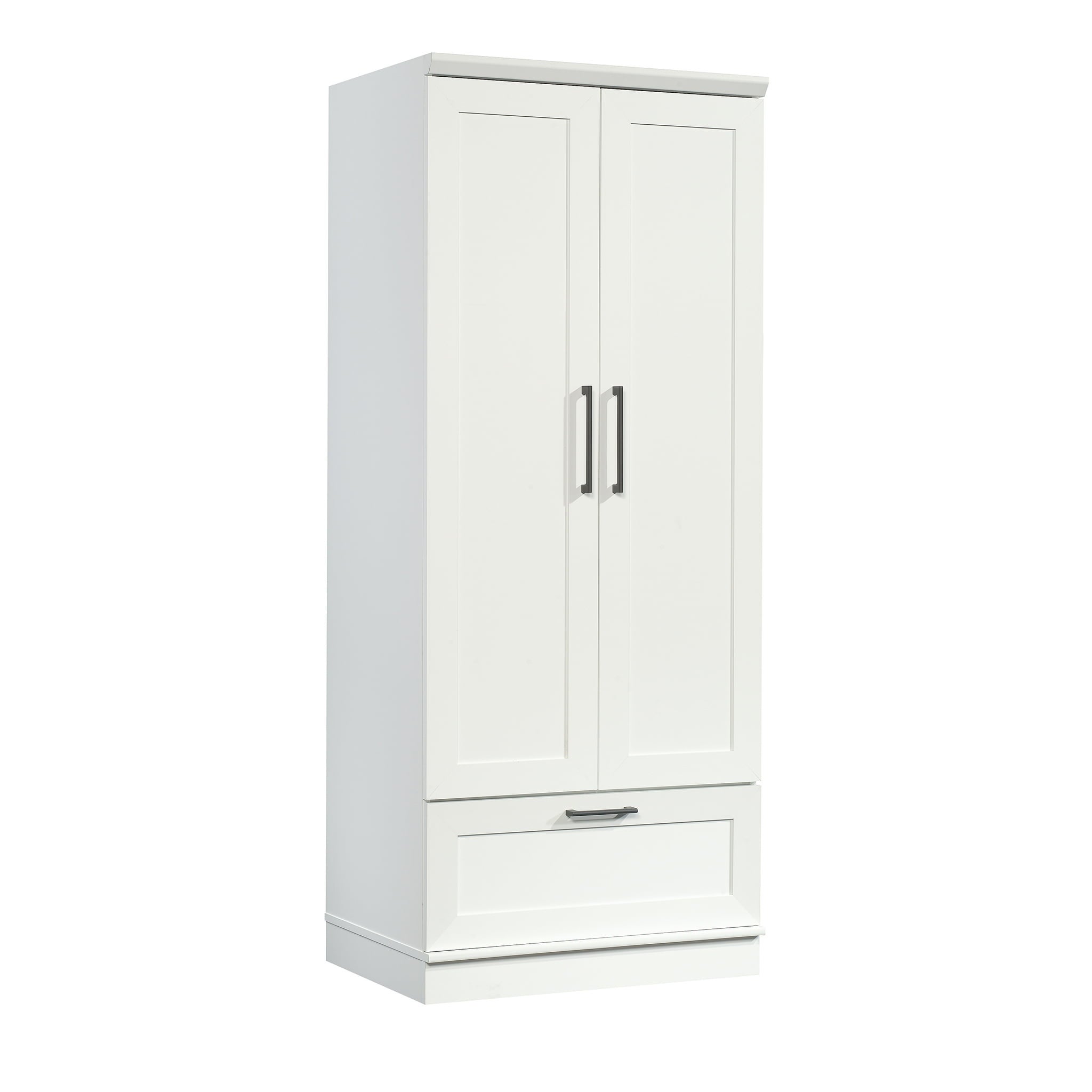 Wood Wardrobe with Drawer and Adjustable Base Level in White - - 36787