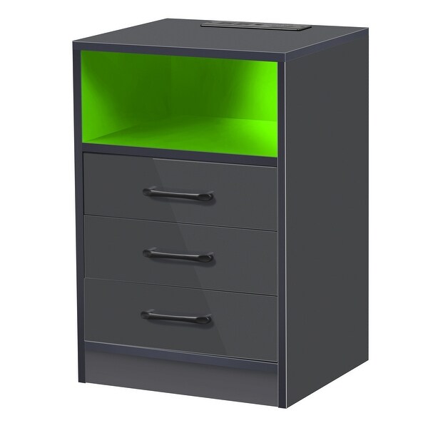 LED Nightstand with 3 Drawers,USB Charging Ports, Wireless Charging -