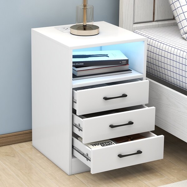 LED Nightstand with 3 Drawers,USB Charging Ports, Wireless Charging -