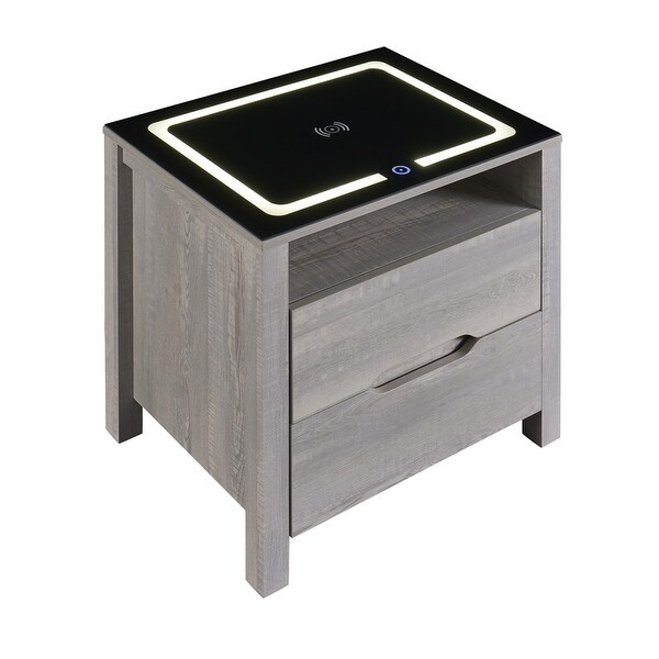 Nightstand with Wireless Charging Station and LED Lights, Modern End S