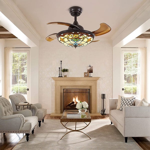 36'' Retractable Tiffany Ceiling Fan with Light and Remote Reversible