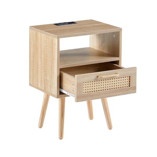 Nightstand Rattan End Table With Outlet USB Ports And drawer - - 37454