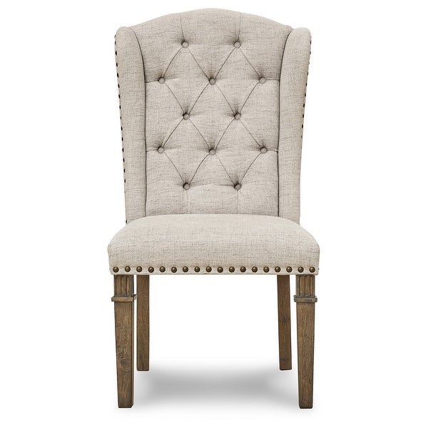 23 Inch Dining Chair, Set of 2, Beige Woven Polyester, Wingback Design